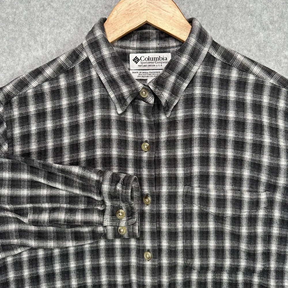 VTG Columbia Sportswear Plaid Flannel Shirt Womens Large Black White Long Sleeve